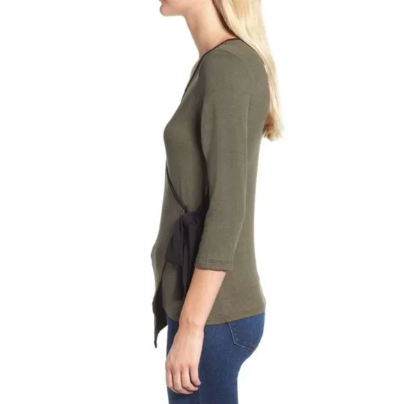 Bobeau Tipped Wrap Top Olive/Black Size L - Picture 4 of 10